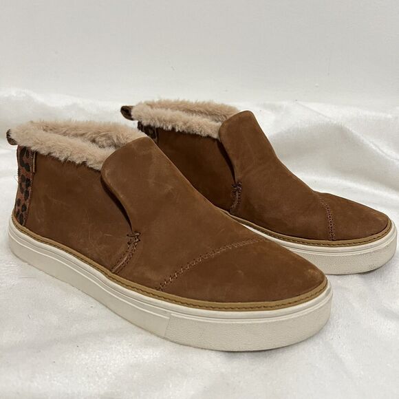 Toms Paxton Sneakers Size 6.5 Brown Suede Leather Fur Fuzzy Ankle Leopard Tan - Picture 1 of 9